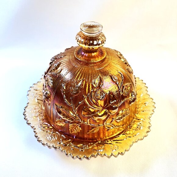 Indiana Glass Amber Vintage Carnival Butter Cheese Dish Mid Century 7 1/2” - Picture 3 of 8